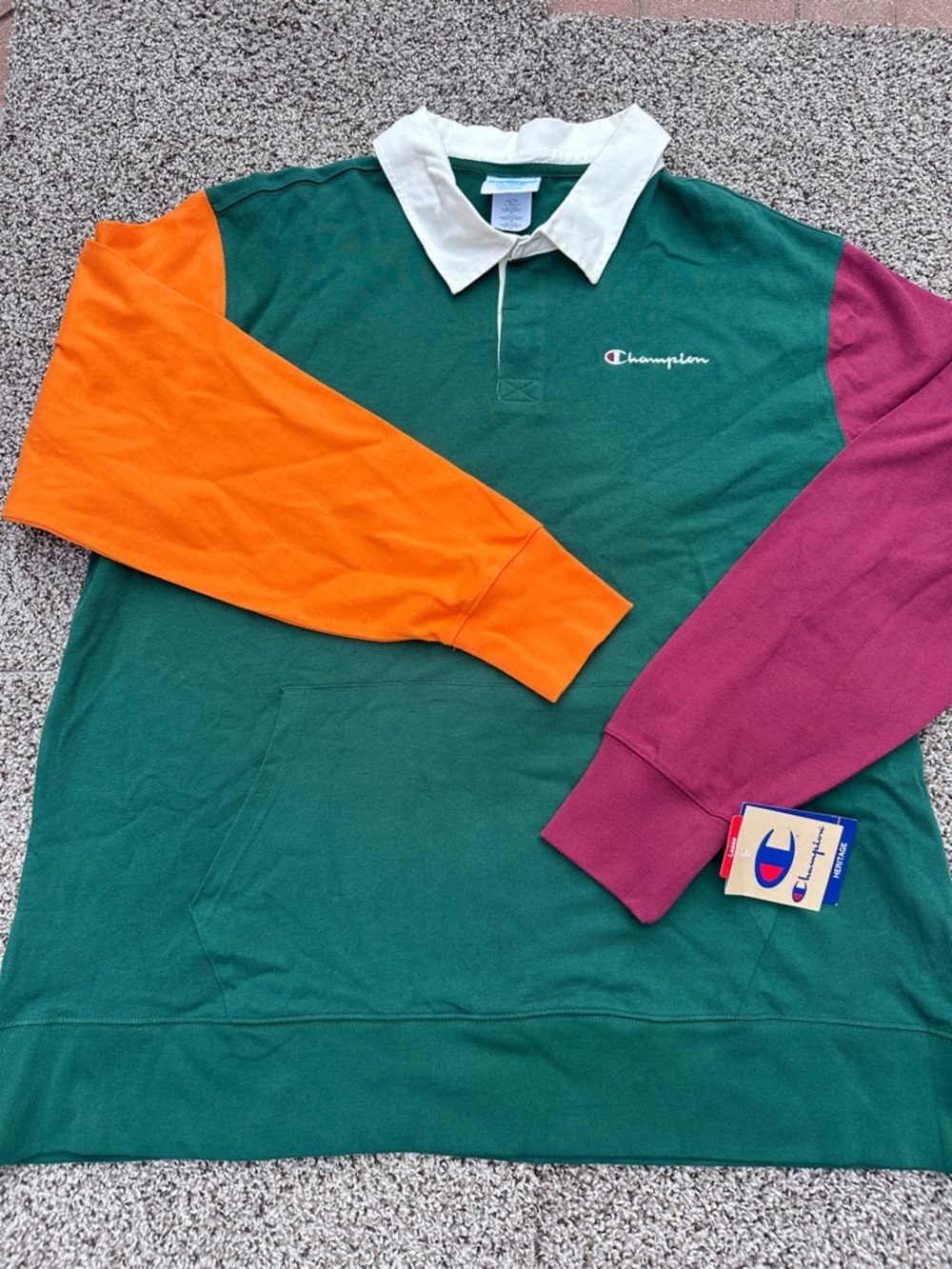 NWT Champion Green Rugby Pullover with Orange and Burgundy Sleeves XXL (read)